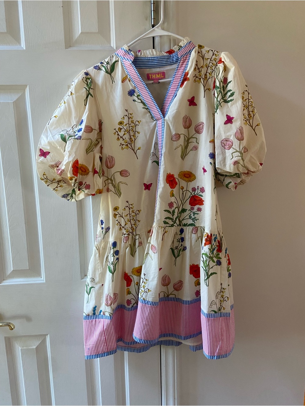 THML Cream Floral Puff-Sleeve Dress with Pink Stripe Hem and Blue Trim